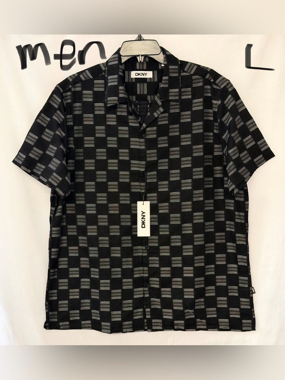 DKNY Black Short-Sleeve Button-Down with Gray Checker Stripe